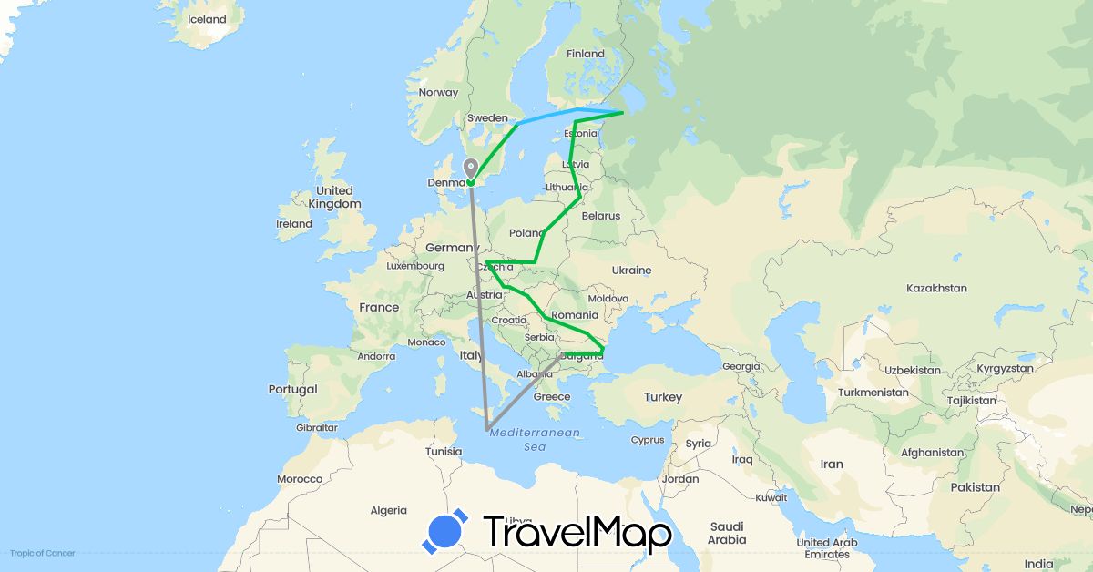 TravelMap itinerary: driving, bus, plane, boat in Austria, Bulgaria, Czech Republic, Denmark, Estonia, Finland, Hungary, Lithuania, Latvia, Malta, Poland, Romania, Russia, Sweden, Slovakia (Europe)
